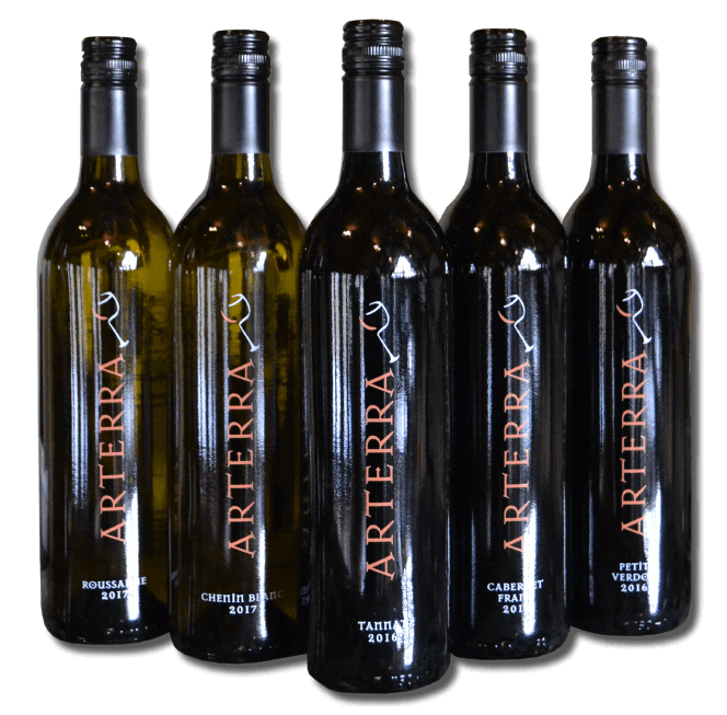 5Bottles_noBG Arterra Wines Virginia Winery clean organic natural Fauquier vineyard bottles